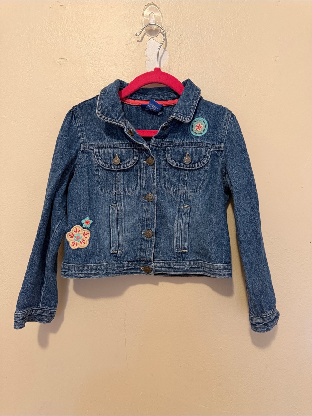 Girls' Blue Denim Jacket with Floral Patches - Unbranded